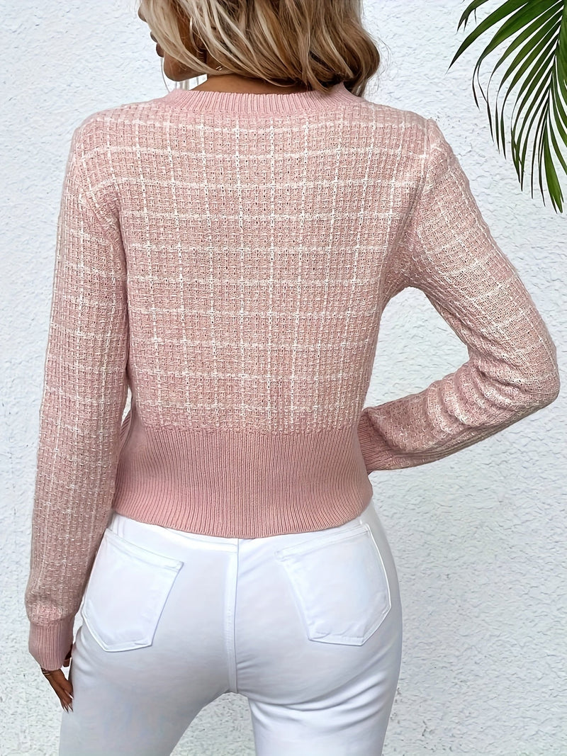 Seraphina - Langärmeliger karierter Strickjacke mit Knöpfen und Tasche