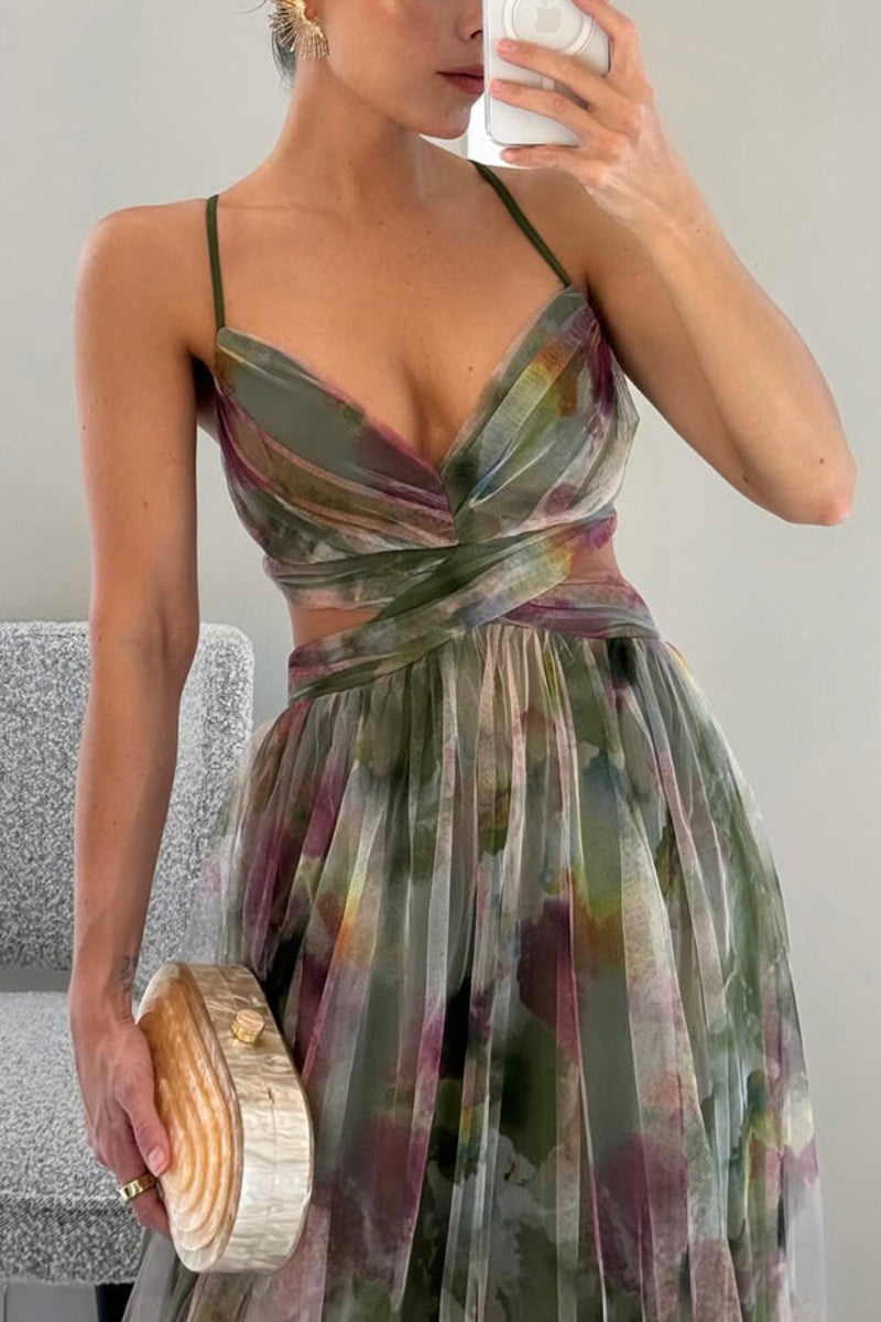 Nira – Elegantes ärmelloses fließendes Kleid mit Blumendruck und verstellbaren Trägern