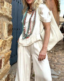 Agnes - Lässiges V Ausschnitt Oberteil und Weite Hosen Zweiteiliges Satz