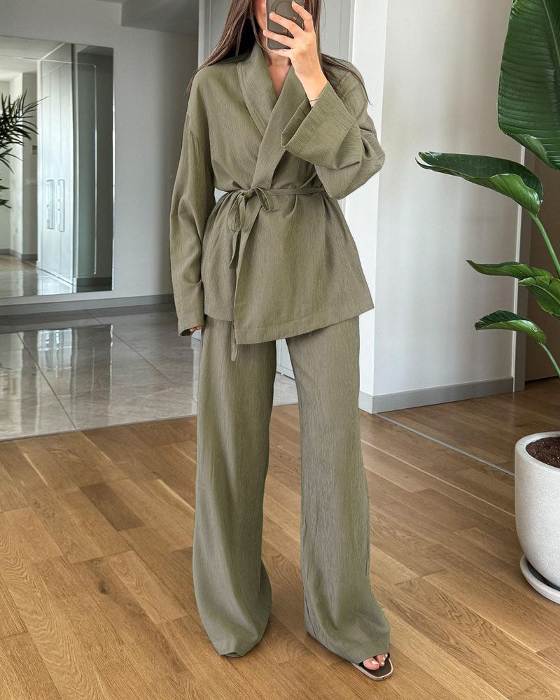 Sarah – Zweiteiliges Satz mit Langarm Oberteil mit V Ausschnitt und Hose mit elastischer Taille
