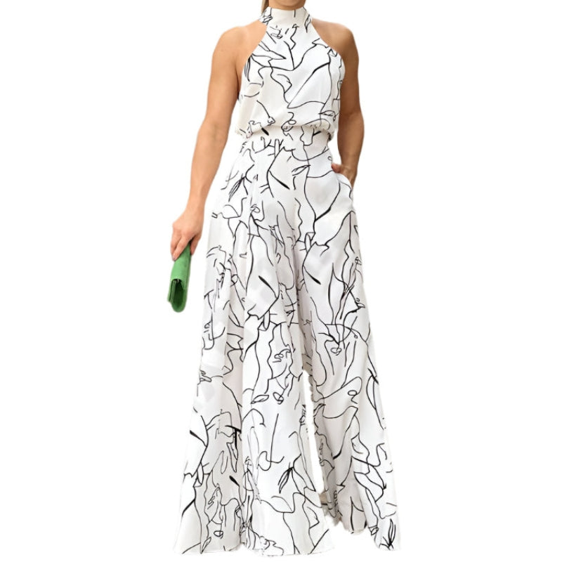 Eleni – Einzigartiger bedruckter Overall mit weitem Bein und Taschen