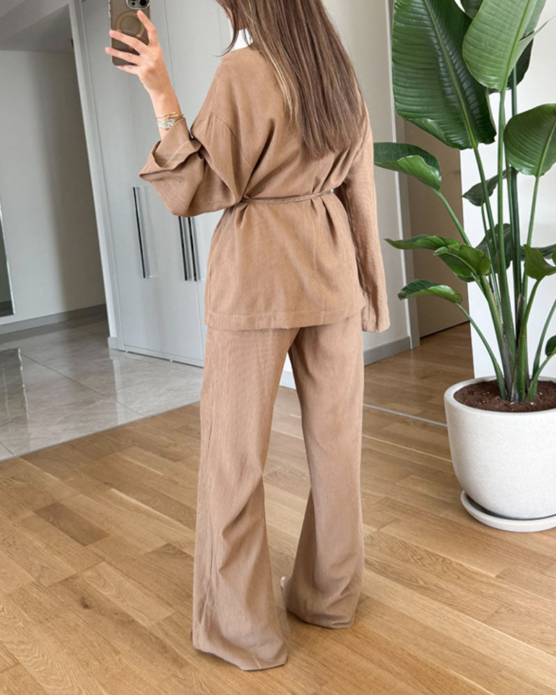 Sarah – Zweiteiliges Satz mit Langarm Oberteil mit V Ausschnitt und Hose mit elastischer Taille