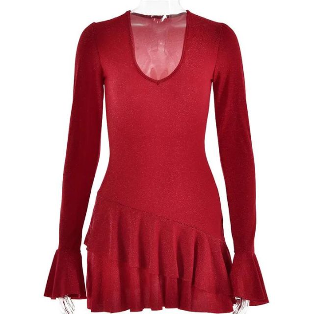 Zinnia – Anmutiges Glitzer-Midikleid mit V-Ausschnitt und langen Ärmeln