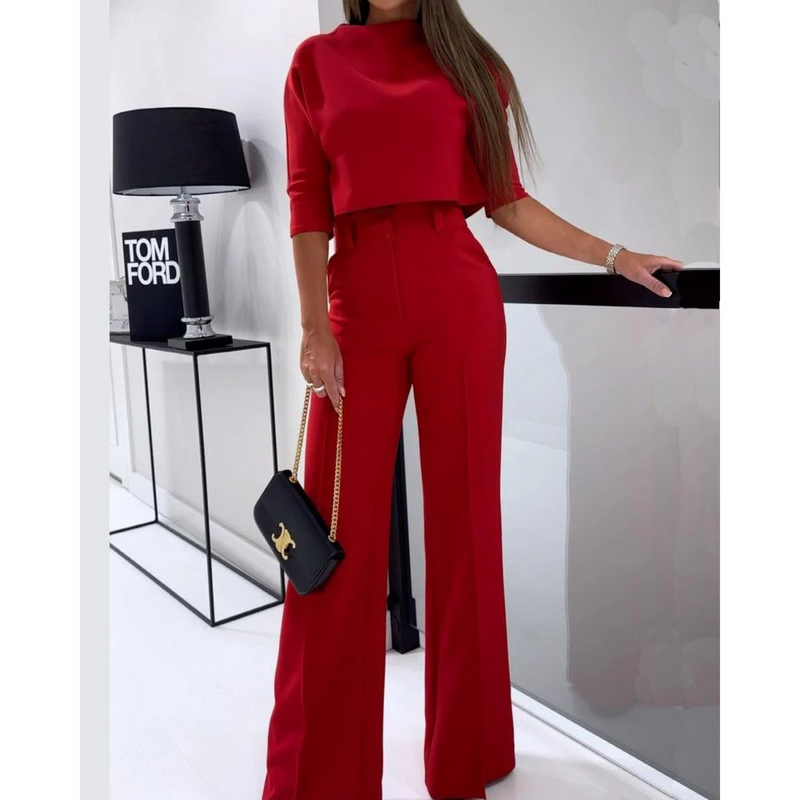 Alina – Zweiteiliges Set mit halbarmigem Rundhals Top und Hose mit weitem Bein