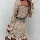 Zella - Lässiger quadratischer Kragen Blumendruck Minikleid mit langem Puffärmel