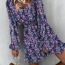 Zella - Lässiger quadratischer Kragen Blumendruck Minikleid mit langem Puffärmel