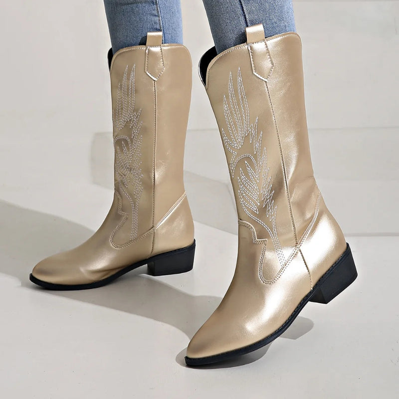 Laura - Gesticktes Gestaltung Mittlere Wade Stiefel mit rutschfester Sohle