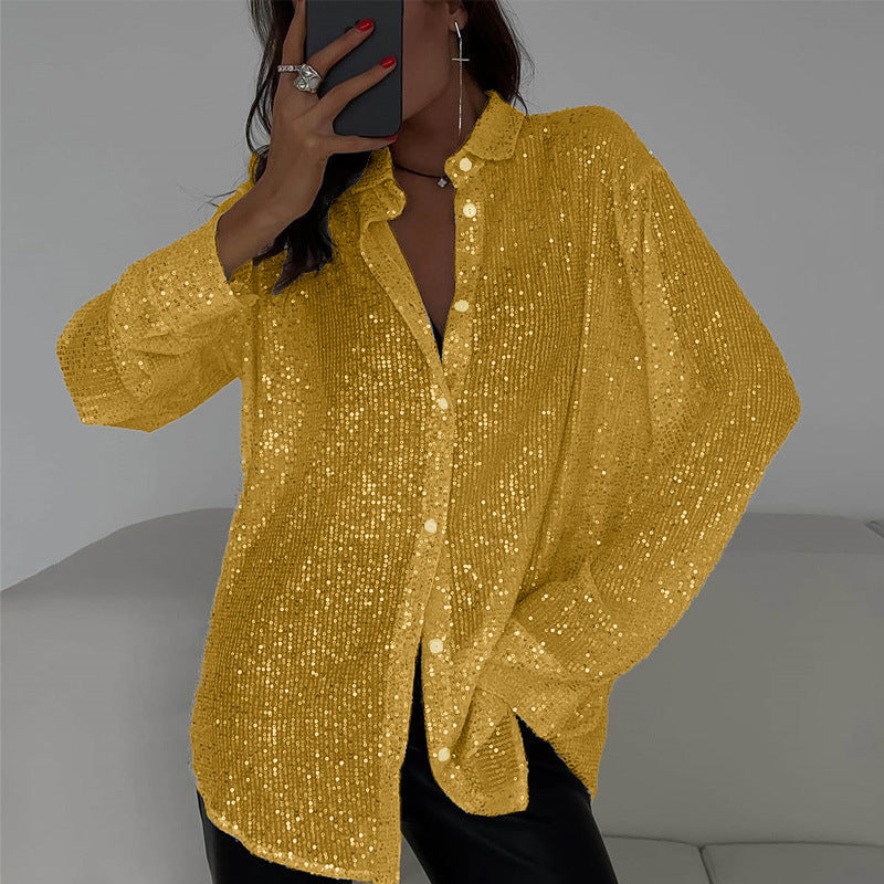Elena - Langärmliges Paillettenhemd mit Reversdesign und Button-Down-Verschluss