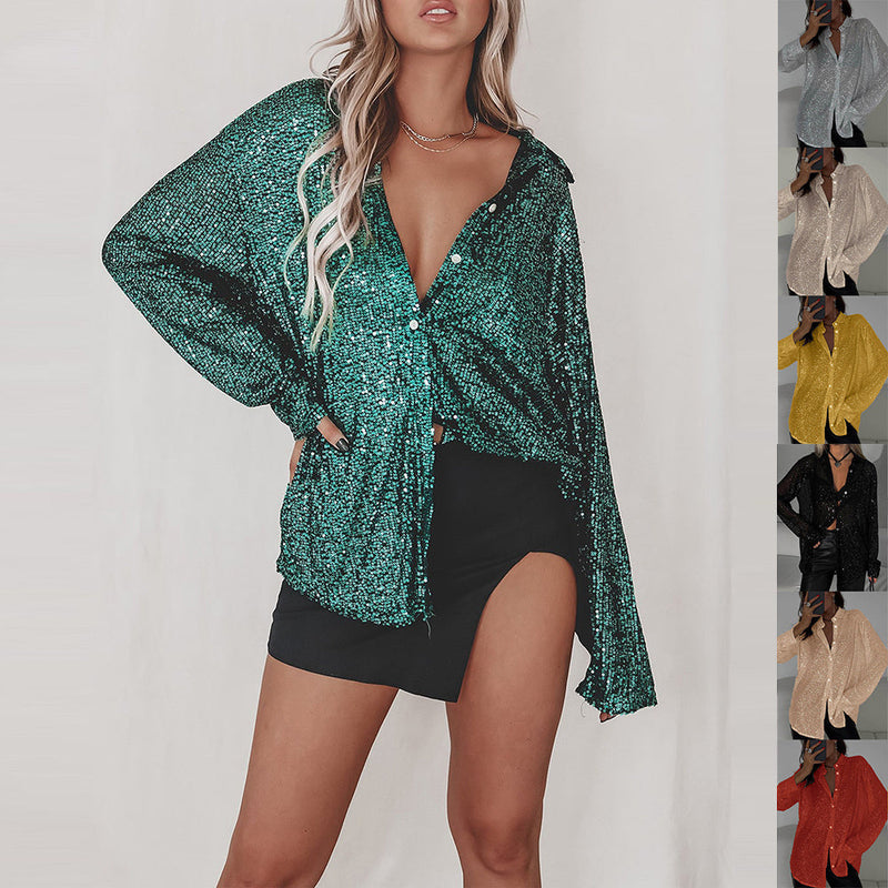 Elena - Langärmliges Paillettenhemd mit Reversdesign und Button-Down-Verschluss