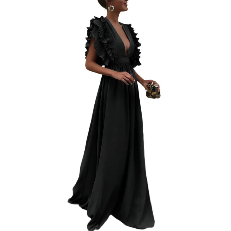 Millie - Elegantes Maxikleid mit tiefem V-Ausschnitt und gerüschter Schulterpartie