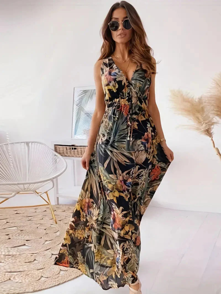 Dagmar - Modisches ärmelloses V Ausschnitt Kleid mit Blumendruck