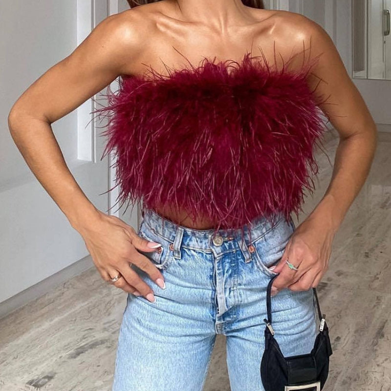 Clara – Stylisches Schulterfrei Top mit Federbesatz und trägerlosem Ausschnitt