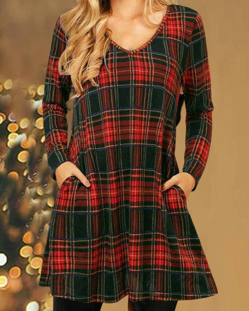 Aria -  V Ausschnitt  Lange Ärmel Muster prüfen Kleid