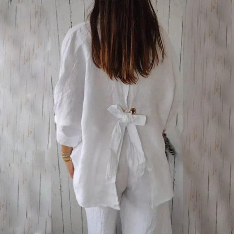 Fenja - Lässige lockere Bluse mit Knopfleiste und Schleife am Rücken