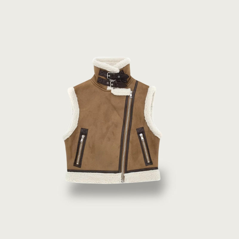 Clara - Bequeme Ärmellos Vlies Wildleder Jacke Mit Reißverschluß
