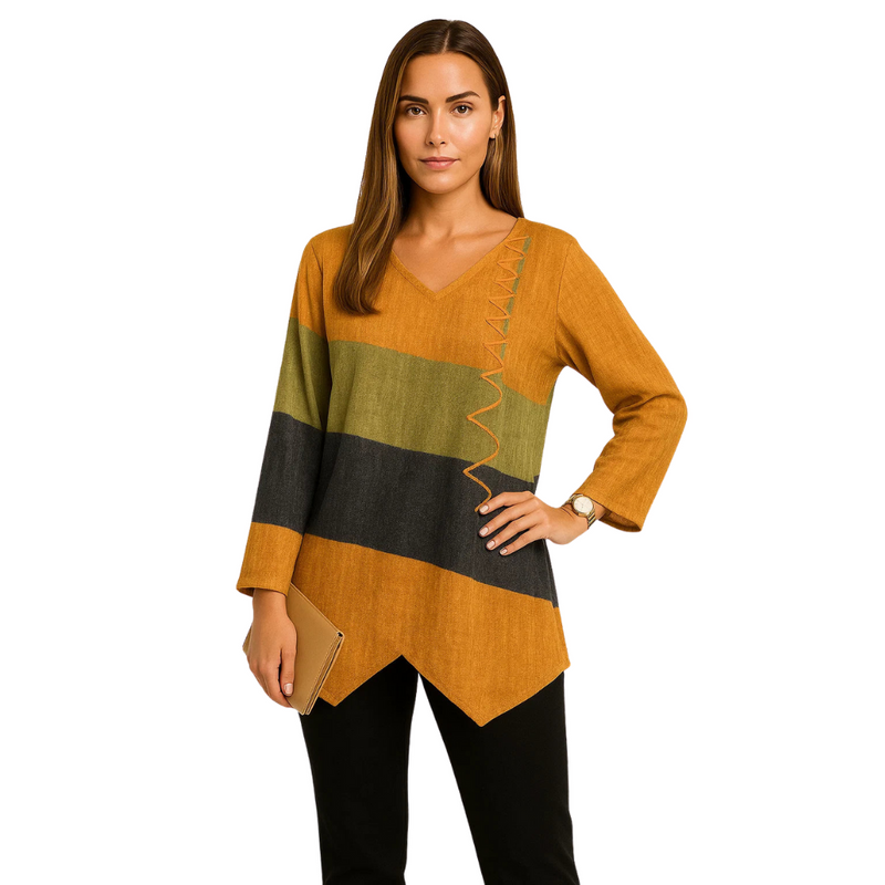 Ruba – Dreifarbige Bluse mit lockerer Passform und geteiltem Schnitt