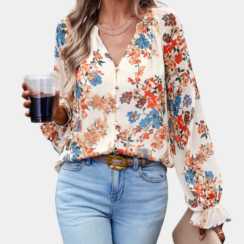 Clara – Blumenmuster V-Ausschnitt Bluse mit Knöpfe und lange Ärmel