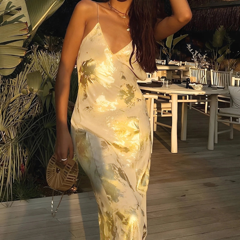 Bianca – Stilvolles rückenfreies Spaghettiträgerkleid mit Blumenmuster