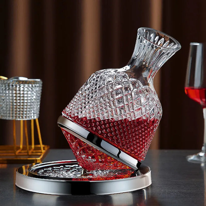 VinoGlide – 360° drehbares Glas Dekanter mit skulpturalem Fuß zur Weinbelüftung