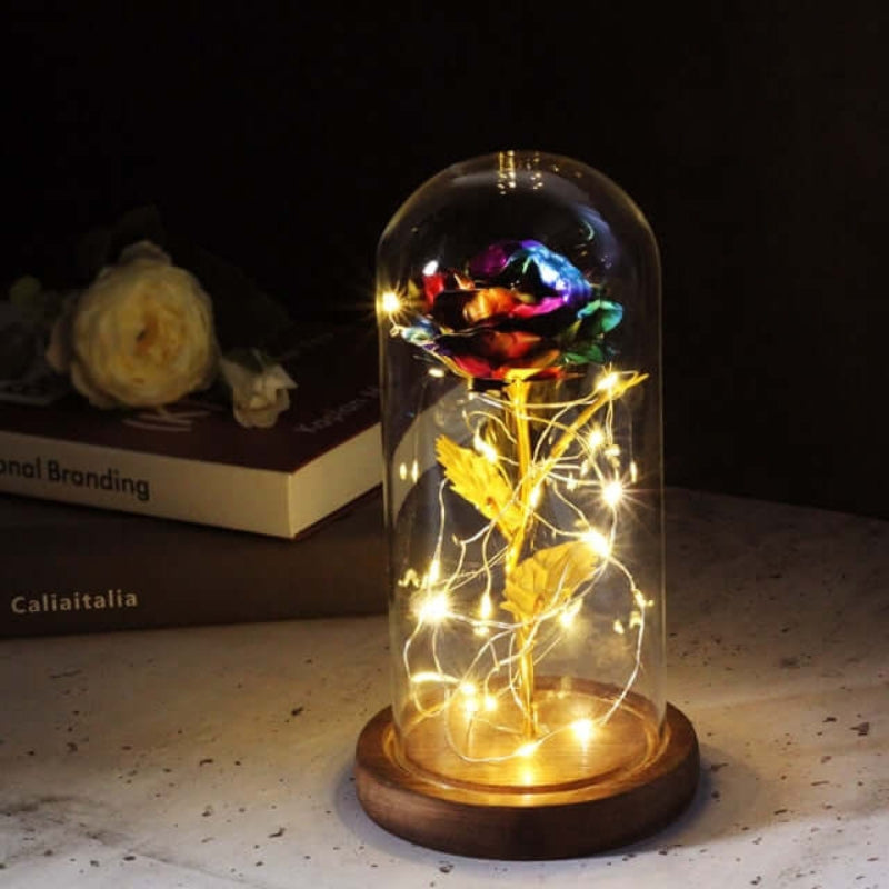 LumiRose – LED Rosen Tischlampe mit Glaskuppel und zwei Stromversorgungsoptionen