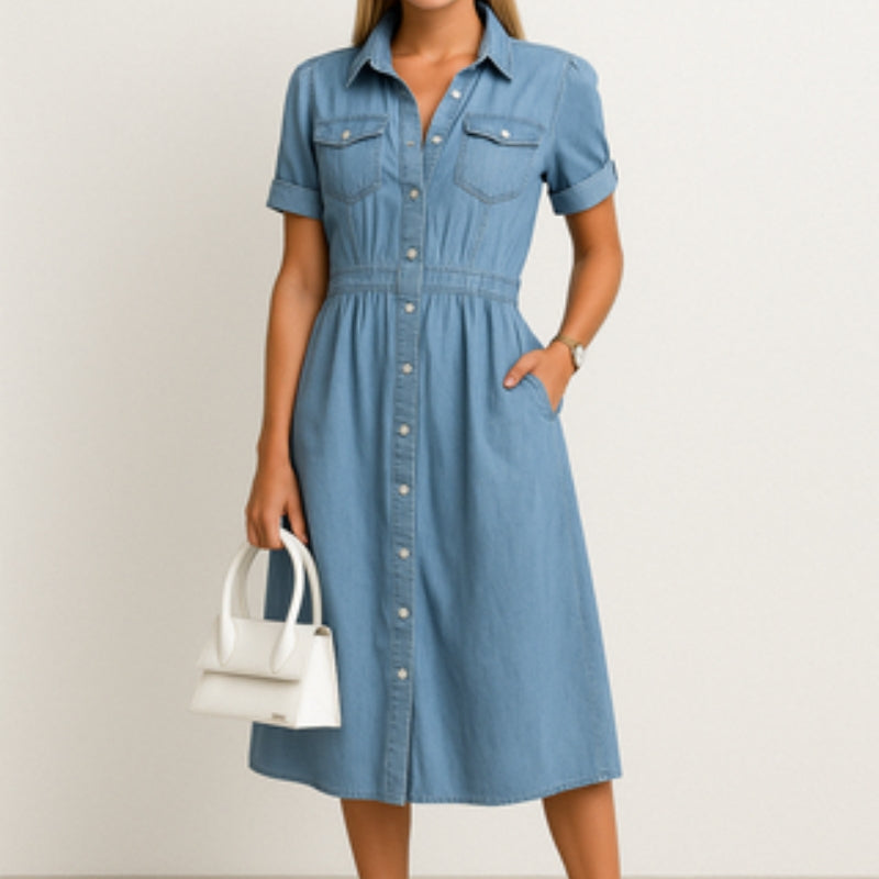 Monika – Kurzärmliges Midikleid mit mehreren Taschen und Knöpfen