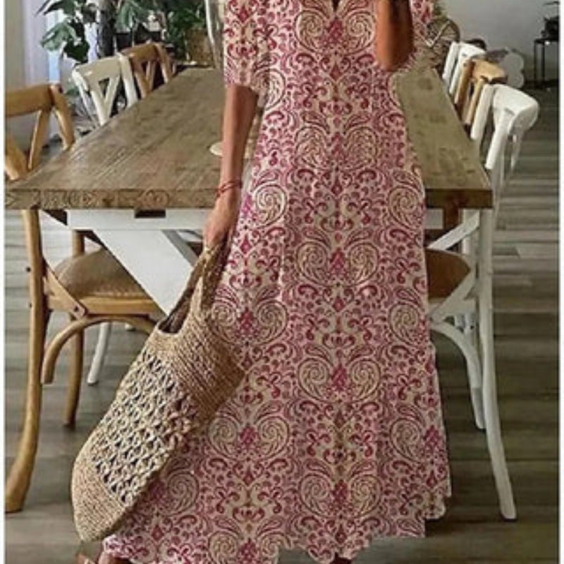 Erika – Lässiges bedrucktes langes Kleid mit V Ausschnitt und kurzen Ärmeln