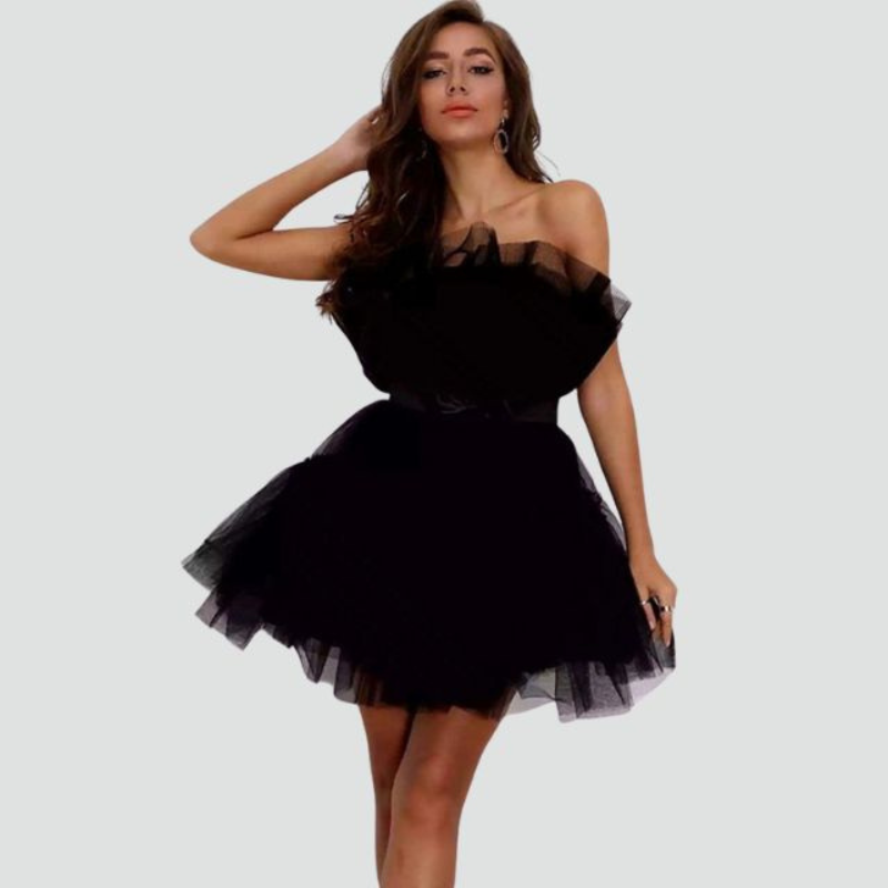 Emma – Stilvolles trägerloses ärmelloses Minikleid mit mehrlagigem ausgestelltem Rockdesign