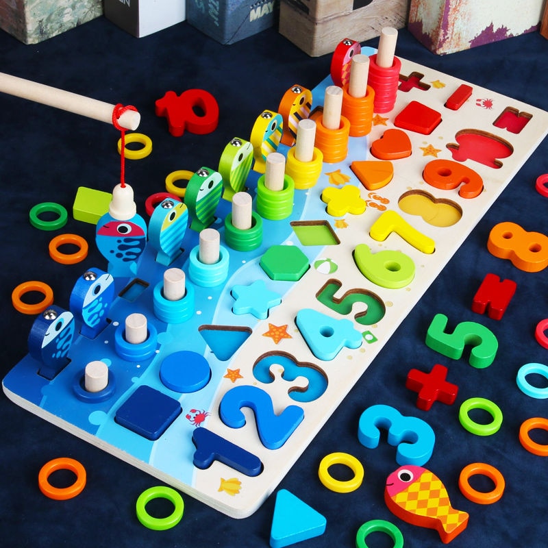 MontiMaze – Montessori Puzzlebrett mit Formen Zahlen und Angelspiel