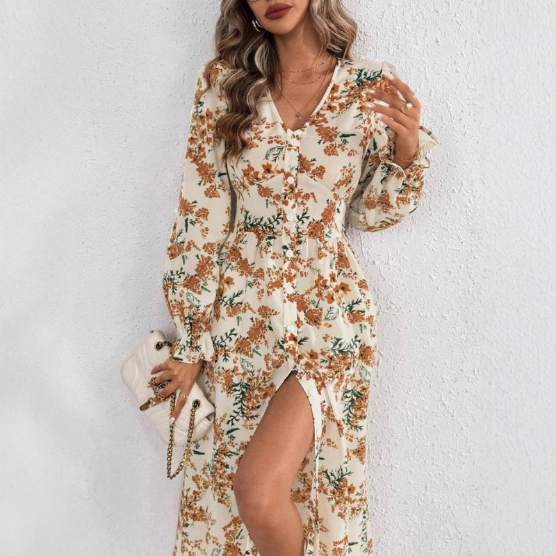 Amelie – Lässiges V Ausschnitt Langarmkleid mit Blumenprint