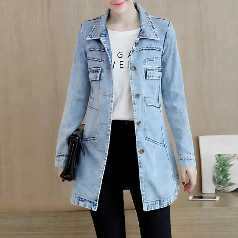 Sarah – Lässige Longjacke mit Umlegekragen Knöpfen und Taschen