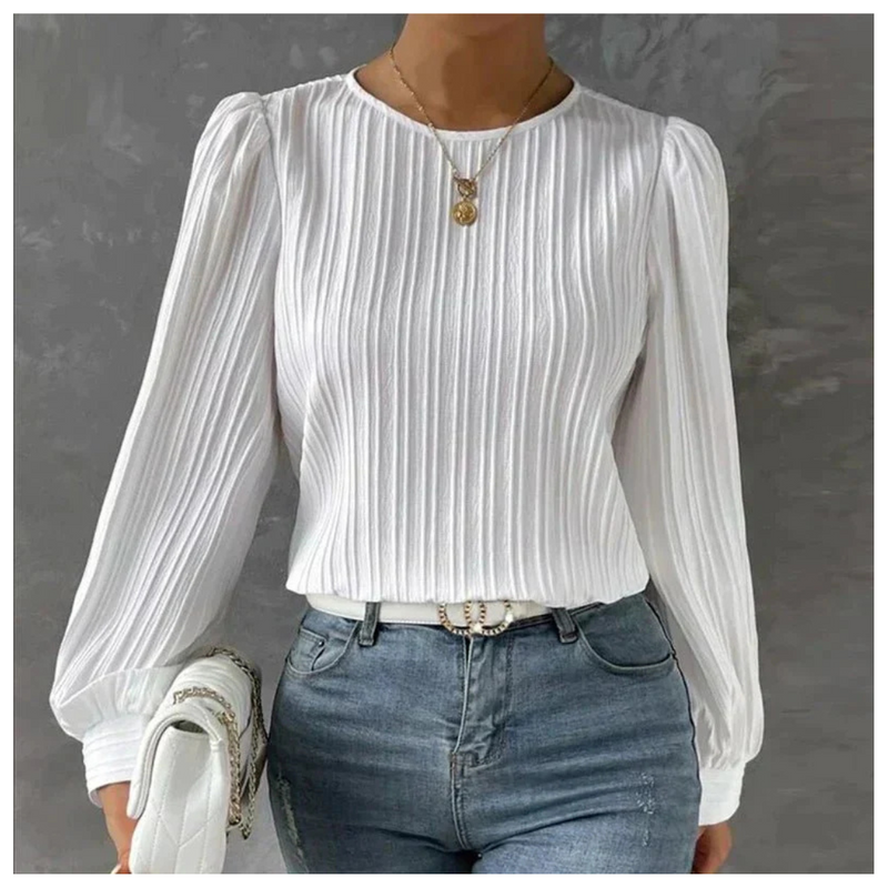 Tabea – Elegante Plisseebluse mit langen Ärmeln und Rundhalsausschnitt