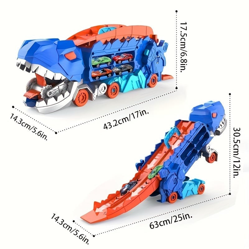 DinoDrive – Dinosaurier Transporter mit verwandelbarer Schiene und Schiebefunktion