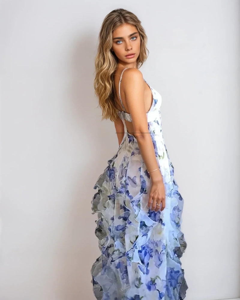Marlene – Stilvolles ärmelloses Longkleid mit Rüschen und Spaghettiträgern