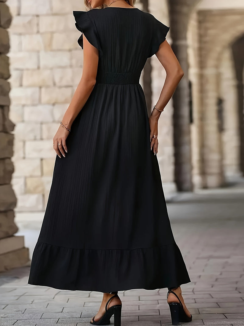 Gianna - Elegantes V Ausschnitt Kleid mit hoher Taille  und Rüsche Ärmeln