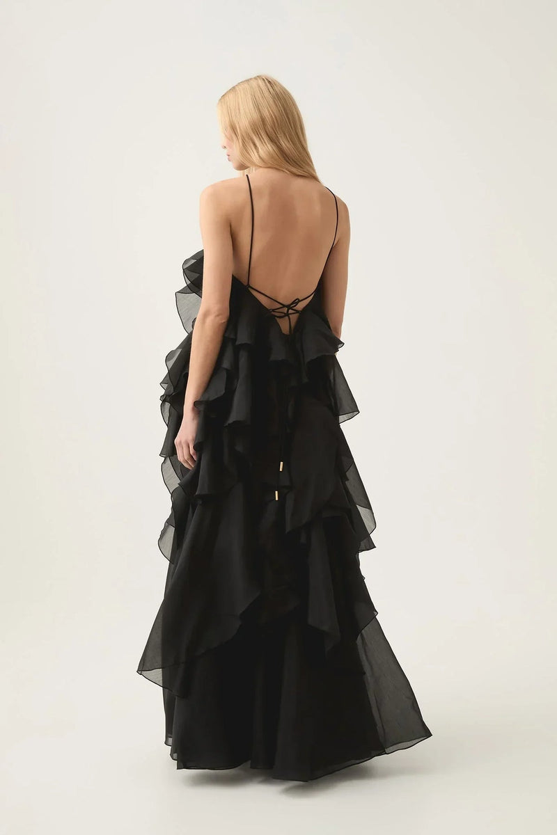 Rhea - Lässiges trägerloses Maxikleid mit kaskadenartig angeordneten Rüschen
