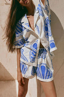 Annika - Lässiges V Ausschnitt kurzen Ärmeln Hemd und Kordelzug Kurze Hosen Zweiteiliges Satz