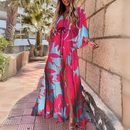 Zayla - Luxuriöses langärmeliges Boho Drucken Langes Kleid mit Gürtel