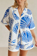 Annika - Lässiges V Ausschnitt kurzen Ärmeln Hemd und Kordelzug Kurze Hosen Zweiteiliges Satz