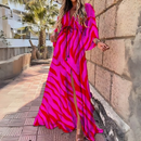 Zayla - Luxuriöses langärmeliges Boho Drucken Langes Kleid mit Gürtel