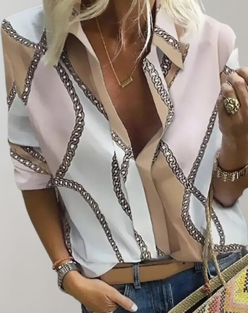 Nadine - Bedruckte lockere Bluse mit langen Ärmeln und Umlegekragen