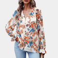Clara – Blumenmuster V-Ausschnitt Bluse mit Knöpfe und lange Ärmel