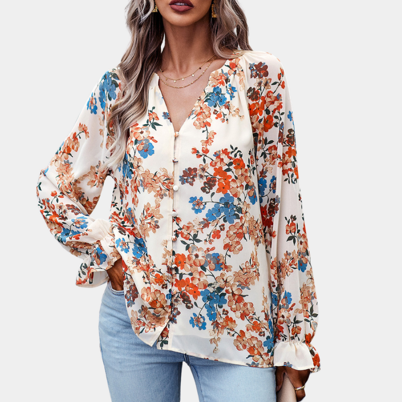 Clara – Blumenmuster V-Ausschnitt Bluse mit Knöpfe und lange Ärmel