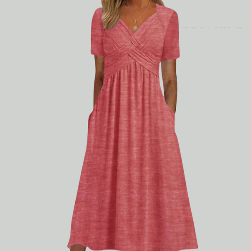 Selina – Elegantes Plisseekleid mit V Ausschnitt kurzen Ärmeln und Taschen