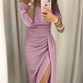 Romy – Schulterfrei Plisseekleid mit langen Ärmeln und seitlichem Schlitz
