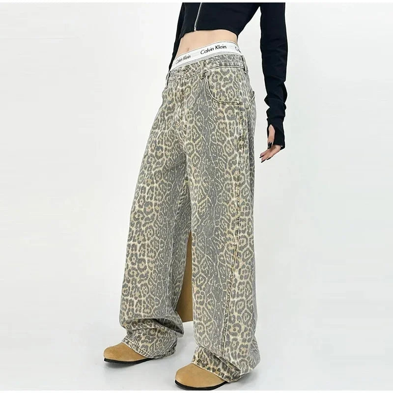 Elke – Modische Hose mit weitem Bein und Taschen Und Leopardenmuster