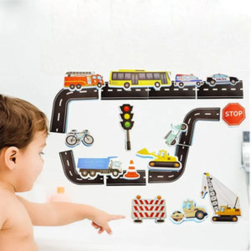 AquaDrive – Verkehrsbadespielzeugset mit schwimmenden Schienen und Mini Auto Straßenspiel