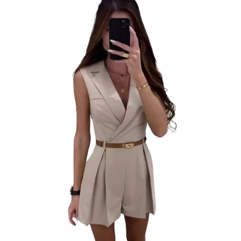 Celina - Modischer ärmelloser Jumpsuit mit V Ausschnitt und Gürtel
