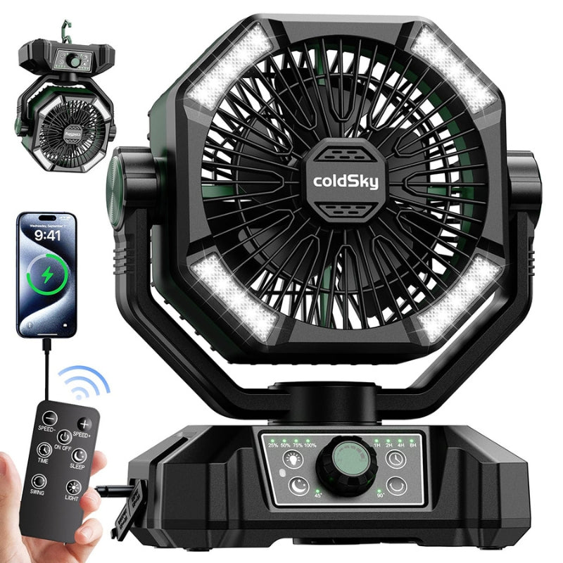 BreezeGlow – Tragbarer Ventilator mit integrierter Beleuchtung und Fernbedienung