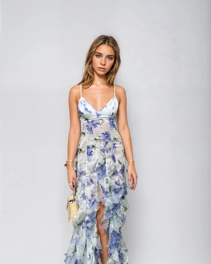 Marlene – Stilvolles ärmelloses Longkleid mit Rüschen und Spaghettiträgern
