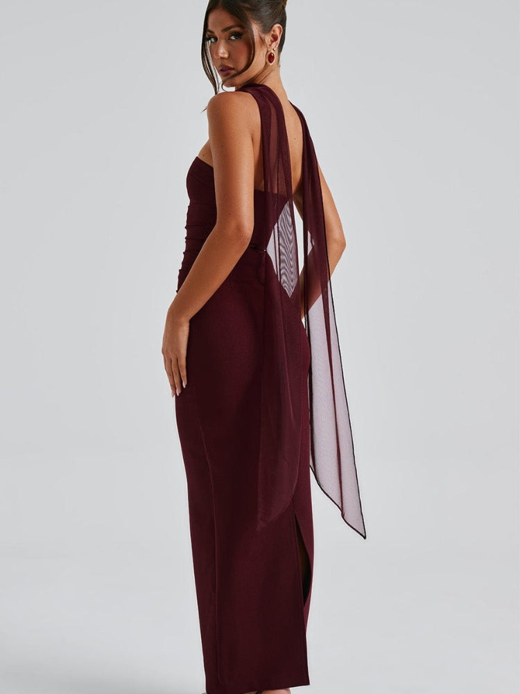Selene - Trägerloses langes Kleid mit geraffter Taille und fließendem Rock
